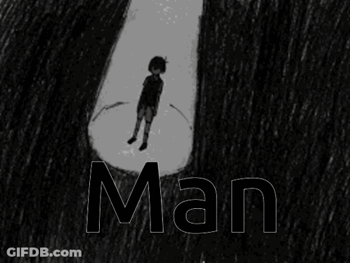 A Black And White Drawing Of A Man Standing In A Spotlight With The Word Man Below Him GIF