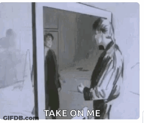 A Black And White Drawing Of A Man Standing In Front Of A Door . GIF