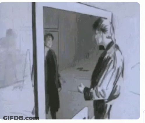 A Black And White Drawing Of A Man Standing In Front Of A Door . GIF