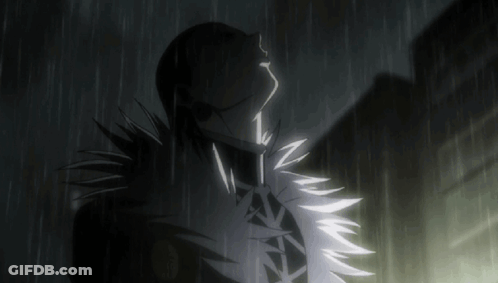 A Black And White Drawing Of A Man Standing In The Rain GIF