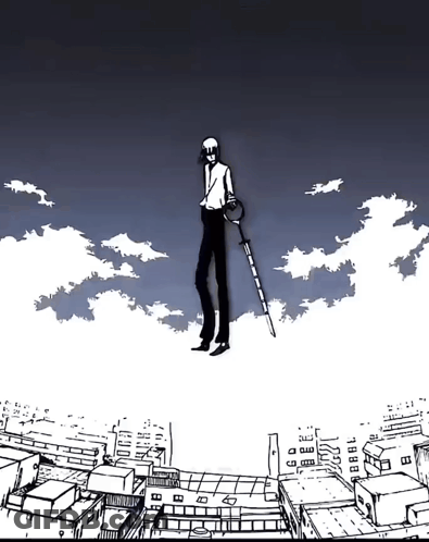 A Black And White Drawing Of A Man Standing On Top Of A Building GIF