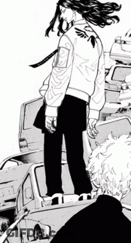 A Black And White Drawing Of A Man Standing On Top Of A Car In A Parking Lot . GIF