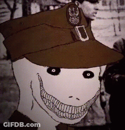 A Black And White Drawing Of A Man Wearing A Military Hat And Smiling GIF