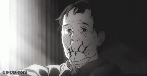 A Black And White Drawing Of A Man With A Large Hole In His Face GIF