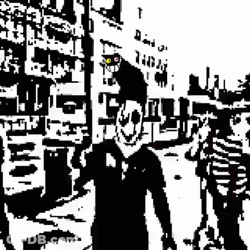 A Black And White Drawing Of A Man With A Mask On His Face . GIF