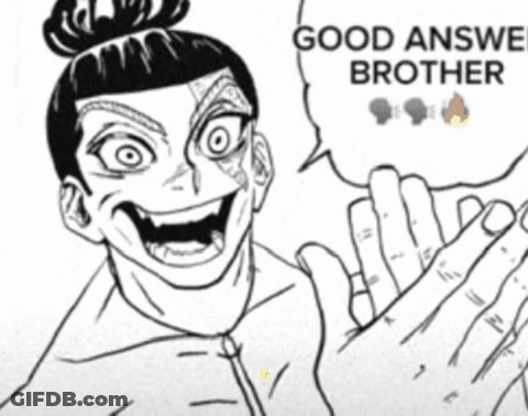 A Black And White Drawing Of A Man With A Speech Bubble That Says " Good Answer Brother " GIF