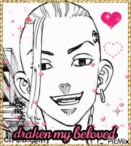 A Black And White Drawing Of A Man With A Tattoo On His Forehead And The Words `` Draken My Beloved '' . GIF