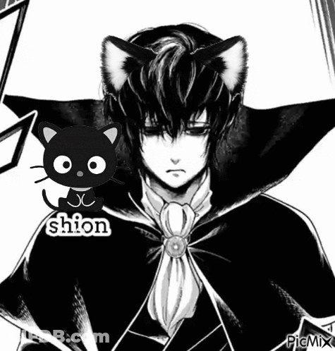 A Black And White Drawing Of A Man With Cat Ears And The Name Shion GIF