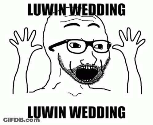 A Black And White Drawing Of A Man With Glasses And The Words Luwin Wedding On The Bottom GIF