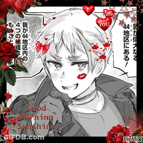 A Black And White Drawing Of A Man With Hearts Around His Head And The Words Good Morning Sunshine On The Bottom GIF