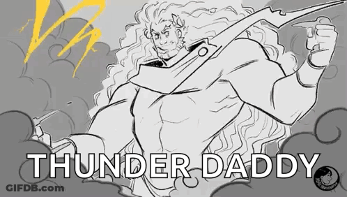 A Black And White Drawing Of A Man With Long Hair Holding A Sword With The Words Thunder Daddy Written Below Him . GIF