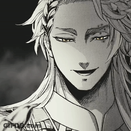 A Black And White Drawing Of A Man With Long White Hair And Yellow Eyes GIF