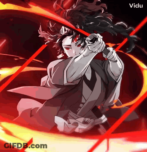 A Black And White Drawing Of A Man With Red Eyes Holding A Sword With The Words " Vidu " On The Bottom GIF