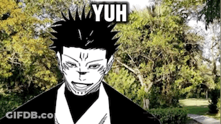 A Black And White Drawing Of A Man With Spikes On His Head In Front Of Trees . GIF
