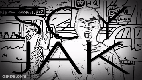 A Black And White Drawing Of A Man With The Word Jak In The Middle GIF