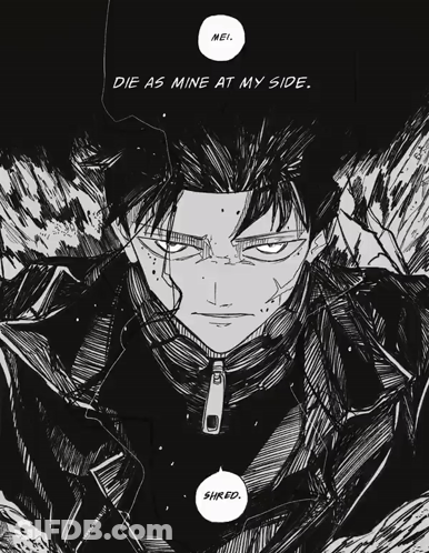 A Black And White Drawing Of A Man With The Words " Die As Mine At My Side " Above Him GIF