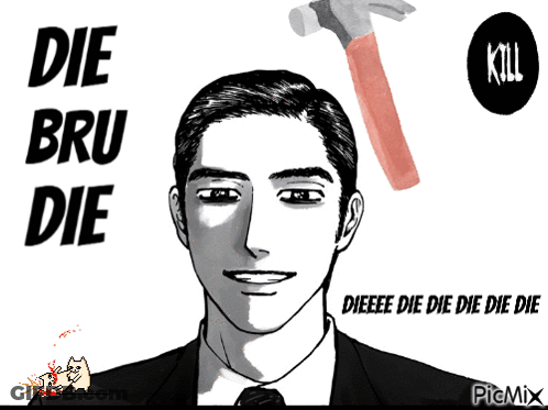 A Black And White Drawing Of A Man With The Words Die Bru Die Written On It GIF
