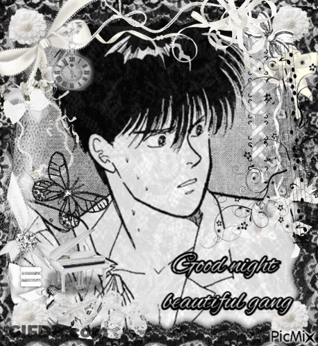 A Black And White Drawing Of A Man With The Words Good Night Beautiful Gang Written On It GIF
