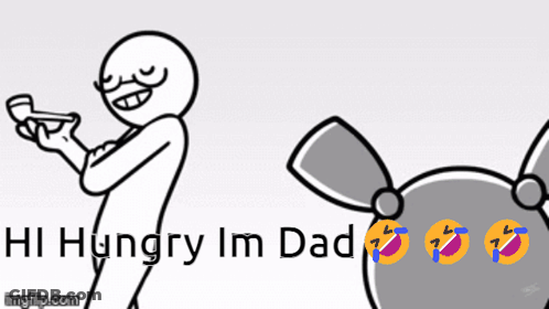 A Black And White Drawing Of A Man With The Words " Hungry Im Dad " In The Corner GIF