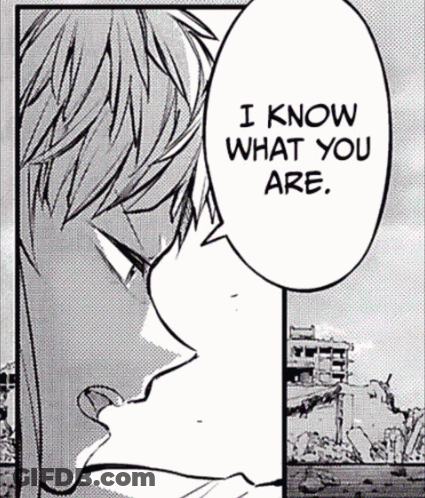 A Black And White Drawing Of A Man With The Words " I Know What You Are " GIF