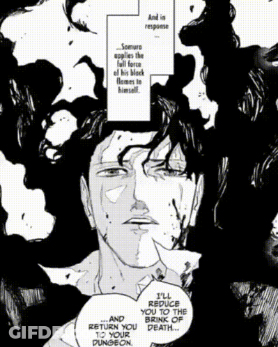 A Black And White Drawing Of A Man With The Words " I 'Ll Reduce You To The Brink Of Death " On The Bottom GIF