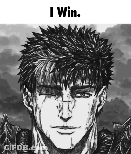 A Black And White Drawing Of A Man With The Words " I Win " Below Him GIF