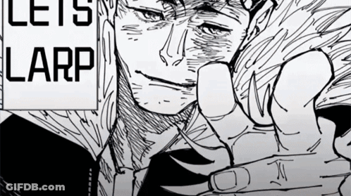 A Black And White Drawing Of A Man With The Words Let 'S Larp Written Above Him GIF