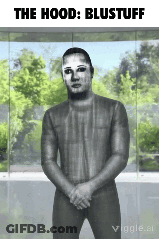 A Black And White Drawing Of A Man With The Words The Hood Blustuff Below Him GIF
