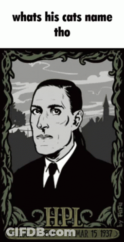A Black And White Drawing Of A Man With The Words What 'S His Cats Name Tho On The Bottom GIF