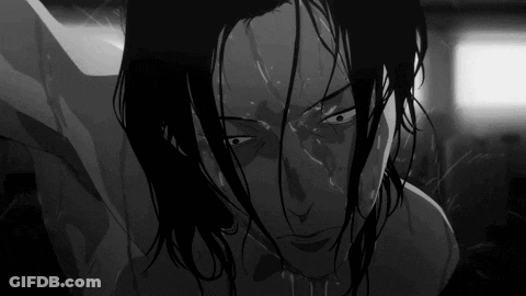 A Black And White Drawing Of A Man With Wet Hair . GIF