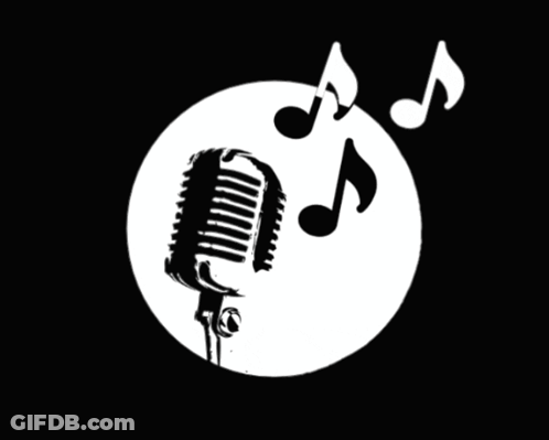 A Black And White Drawing Of A Microphone With Music Notes In The Background GIF