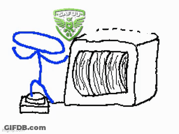 A Black And White Drawing Of A Microwave Oven With A Blue Stick Figure Sitting Next To It . GIF