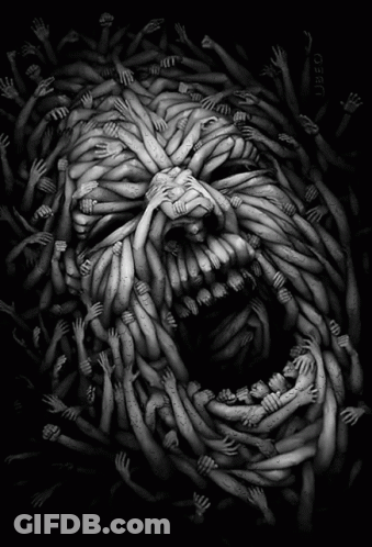 A Black And White Drawing Of A Monster With A Lot Of Hands Reaching Out GIF