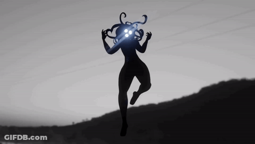 A Black And White Drawing Of A Monster With Glowing Eyes Flying In The Air GIF