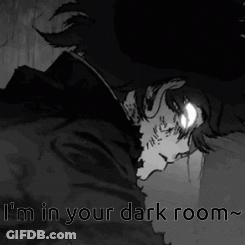 A Black And White Drawing Of A Monster With The Words " I 'M In Your Dark Room " GIF