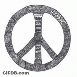 A Black And White Drawing Of A Peace Sign With A Pattern On It . GIF