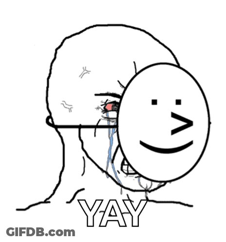 A Black And White Drawing Of A Person Covering Their Face With A Smiley Face And The Words Yay GIF