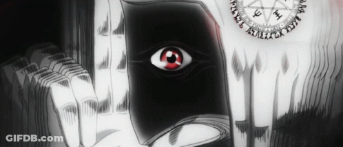 A Black And White Drawing Of A Person Holding A Book With A Red Eye GIF