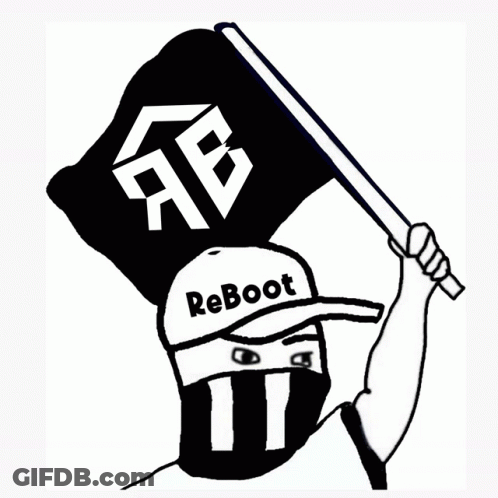 A Black And White Drawing Of A Person Holding A Flag That Says Reboot GIF