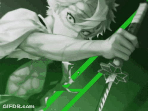 A Black And White Drawing Of A Person Holding A Green Sword GIF