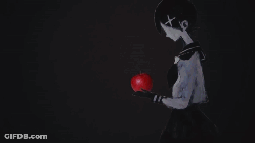 A Black And White Drawing Of A Person Holding A Red Apple GIF