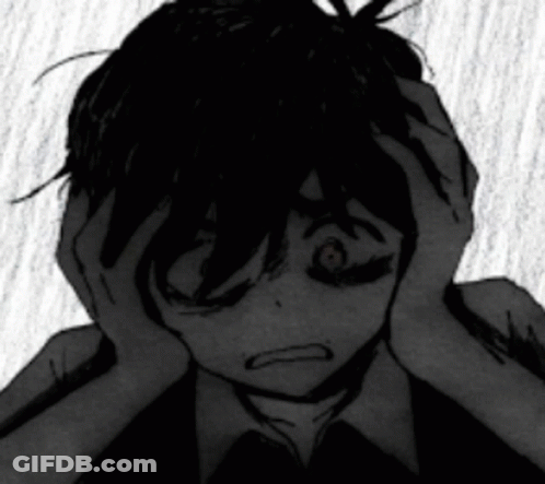 A Black And White Drawing Of A Person Holding Their Head With Their Hands . GIF