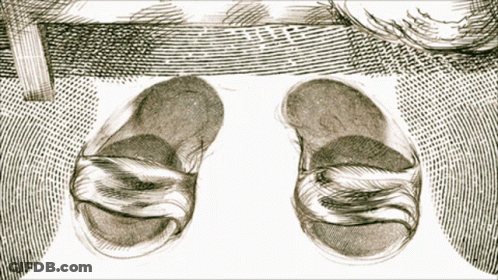 A Black And White Drawing Of A Person 'S Feet With Slippers On GIF