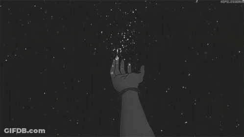 A Black And White Drawing Of A Person 'S Hand Reaching For A Star . GIF