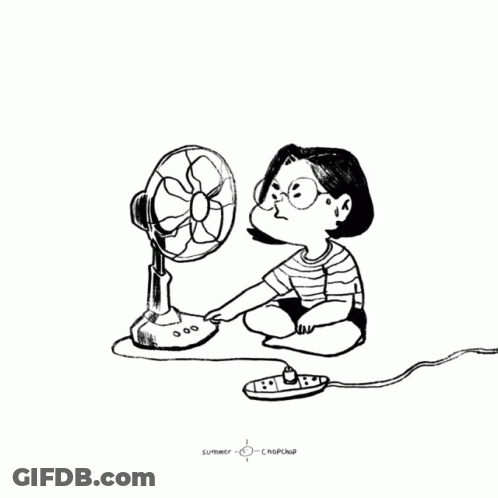 A Black And White Drawing Of A Person Sitting In Front Of A Fan With The Words Summer Chopeng Below Them GIF