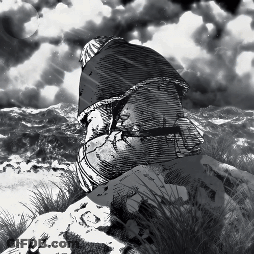 A Black And White Drawing Of A Person Sitting On A Rock Looking At The Ocean GIF