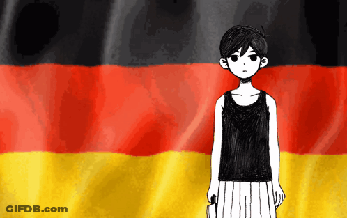 A Black And White Drawing Of A Person Standing In Front Of A German Flag GIF