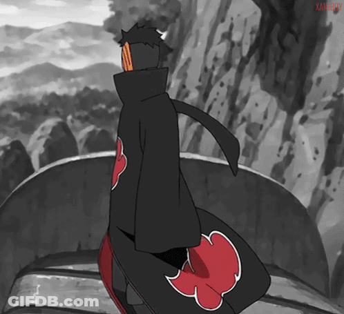 A Black And White Drawing Of A Person With A Red Cloud On The Back Of Their Coat GIF