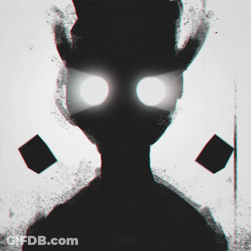 A Black And White Drawing Of A Person With Horns And A Few Squares In The Background GIF