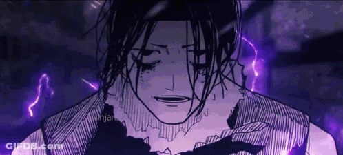 A Black And White Drawing Of A Person With Purple Lightning In The Background GIF
